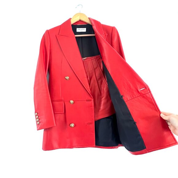 YSL Saint Laurent Red Leather Blazer Jacket Matching Shorts Suit Set Women Small - Picture 8 of 15